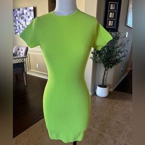 Green Ribbed Bodycon Mini Dress with Flutter Sleeves